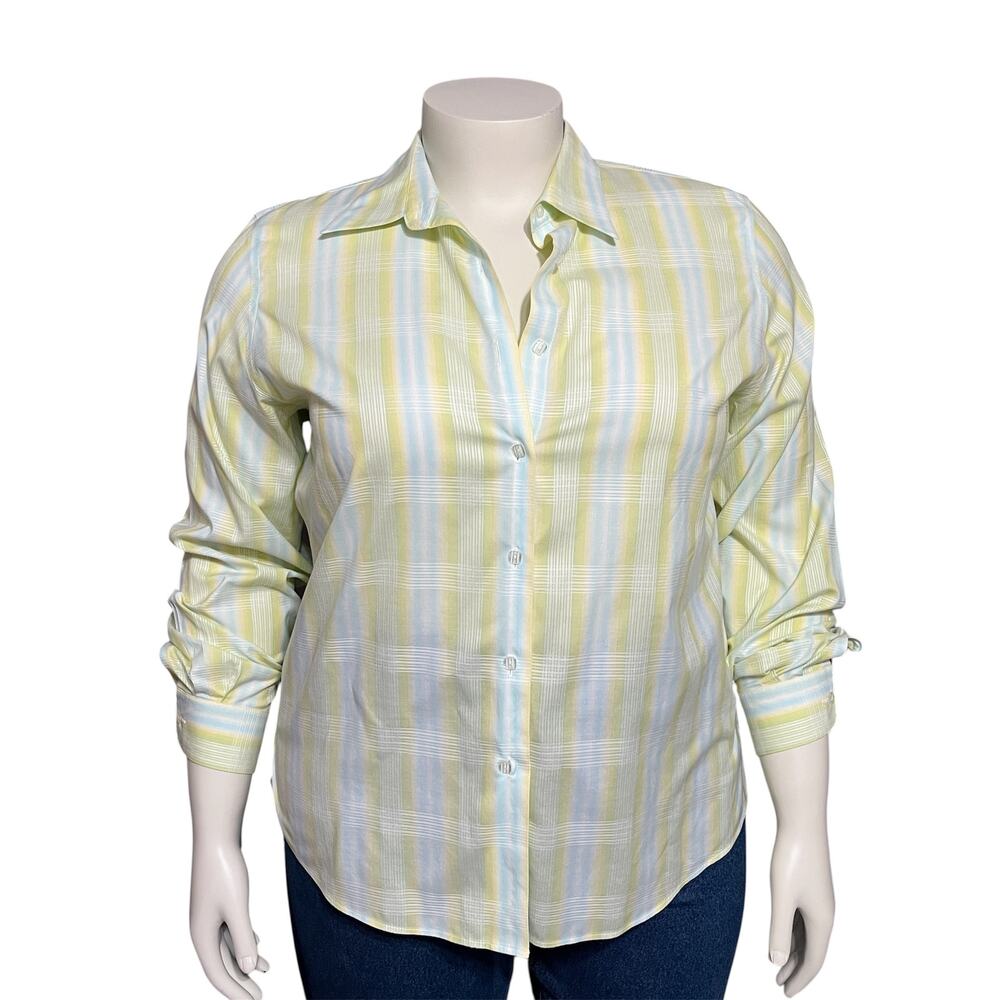 💫Women Checkered Print Spring Button Front Shirt Sz-16 Pale Yellow Blue Green